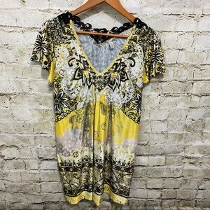 Madison Black Yellow Floral Print Crochet V Neck Beaded Top
